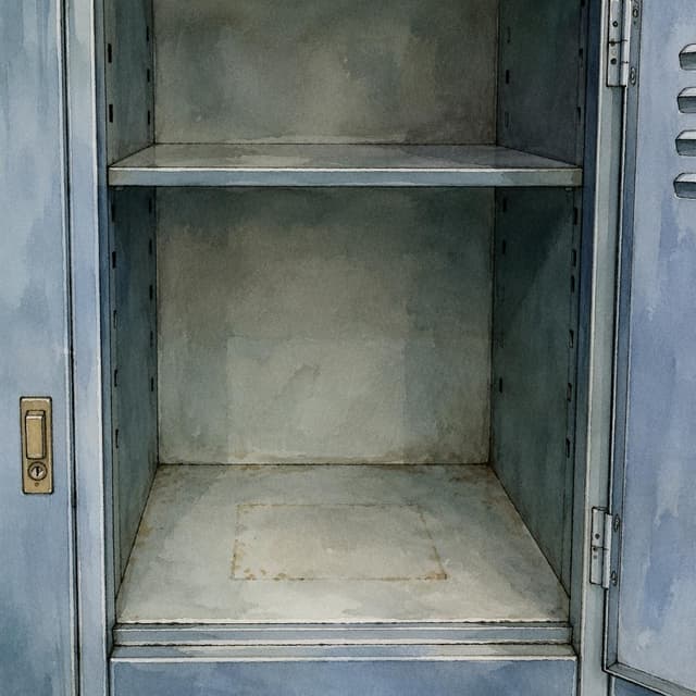 Charming ink and watercolor painting, clean lines, vibrant but soft color palette, storybook style. An open metal locker shelf, completely bare, with faint rectangular marks in the dust
Chat attachment instruction: Generate exactly one in-world chat attachment, not a collage, split-screen, comic panel, flashback, or explanatory scene. If the prompt is a screenshot, phone screen, document, note, card, map, receipt, label, object photo, or photo someone took, frame that artifact directly. A name appearing in visible text or in 'photo taken by X' is not an instruction to draw that person. Do not show recurring story participants as visible people unless the prompt itself explicitly says they are visible. Keep unrequested people, faces, and bodies out of the image.