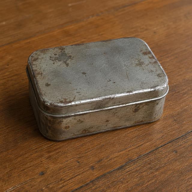 A small battered metal tin with a closed lid, sitting on a plain wooden kitchen table
Chat attachment instruction: Generate exactly one in-world chat attachment, not a collage, split-screen, comic panel, flashback, or explanatory scene. If the prompt is a screenshot, phone screen, document, note, card, map, receipt, label, object photo, or photo someone took, frame that artifact directly. A name appearing in visible text or in 'photo taken by X' is not an instruction to draw that person. Do not show recurring story participants as visible people unless the prompt itself explicitly says they are visible. Keep unrequested people, faces, and bodies out of the image.