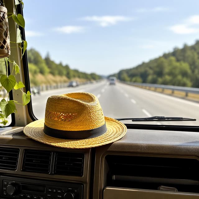 a yellow straw hat resting on the dashboard of a camper van, blurred highway in the background
Chat attachment instruction: Generate exactly one in-world chat attachment, not a collage, split-screen, comic panel, flashback, or explanatory scene. If the prompt is a screenshot, phone screen, document, note, card, map, receipt, label, object photo, or photo someone took, frame that artifact directly. A name appearing in visible text or in 'photo taken by X' is not an instruction to draw that person. Do not show recurring story participants as visible people unless the prompt itself explicitly says they are visible. Keep unrequested people, faces, and bodies out of the image.