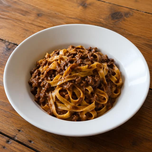 A plain white pasta bowl filled with tagliatelle and dark meat ragù on a bare wooden table
Chat attachment instruction: Generate exactly one in-world chat attachment, not a collage, split-screen, comic panel, flashback, or explanatory scene. If the prompt is a screenshot, phone screen, document, note, card, map, receipt, label, object photo, or photo someone took, frame that artifact directly. A name appearing in visible text or in 'photo taken by X' is not an instruction to draw that person. Do not show recurring story participants as visible people unless the prompt itself explicitly says they are visible. Keep unrequested people, faces, and bodies out of the image.