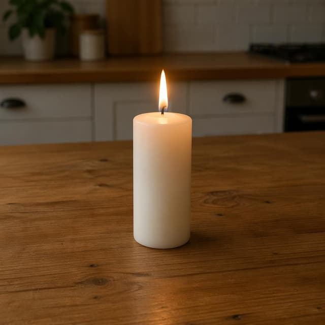 a single lit white candle standing on a plain wooden kitchen table
Chat attachment instruction: Generate exactly one in-world chat attachment, not a collage, split-screen, comic panel, flashback, or explanatory scene. If the prompt is a screenshot, phone screen, document, note, card, map, receipt, label, object photo, or photo someone took, frame that artifact directly. A name appearing in visible text or in 'photo taken by X' is not an instruction to draw that person. Do not show recurring story participants as visible people unless the prompt itself explicitly says they are visible. Keep unrequested people, faces, and bodies out of the image.