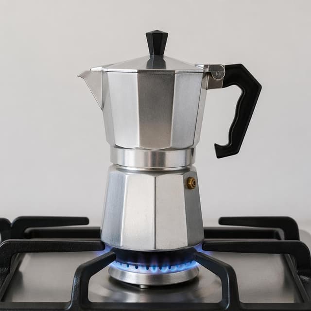 A silver moka pot on a gas stove burner with a small blue flame underneath it, plain background
Chat attachment instruction: Generate exactly one in-world chat attachment, not a collage, split-screen, comic panel, flashback, or explanatory scene. If the prompt is a screenshot, phone screen, document, note, card, map, receipt, label, object photo, or photo someone took, frame that artifact directly. A name appearing in visible text or in 'photo taken by X' is not an instruction to draw that person. Do not show recurring story participants as visible people unless the prompt itself explicitly says they are visible. Keep unrequested people, faces, and bodies out of the image.