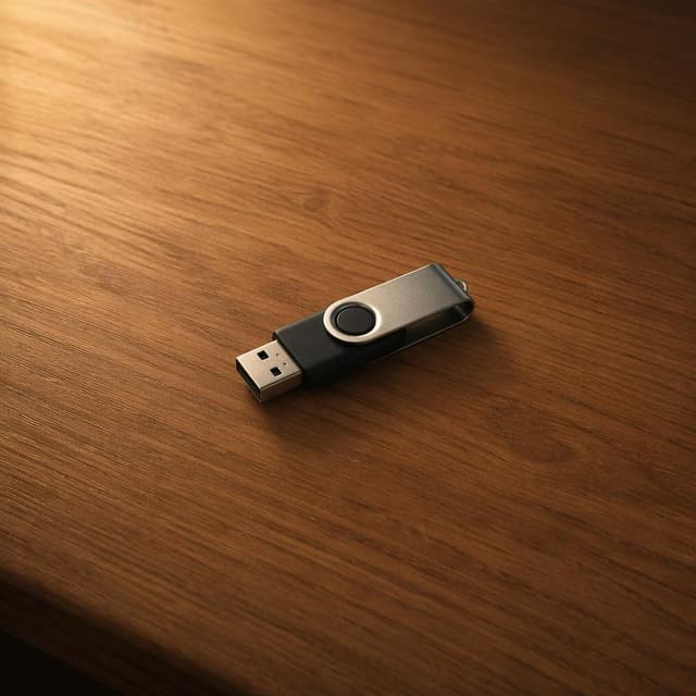 A single small USB flash drive resting on a clean, empty wooden desk, soft lighting, storybook style
Chat attachment instruction: Generate exactly one in-world chat attachment, not a collage, split-screen, comic panel, flashback, or explanatory scene. If the prompt is a screenshot, phone screen, document, note, card, map, receipt, label, object photo, or photo someone took, frame that artifact directly. A name appearing in visible text or in 'photo taken by X' is not an instruction to draw that person. Do not show recurring story participants as visible people unless the prompt itself explicitly says they are visible. Keep unrequested people, faces, and bodies out of the image.