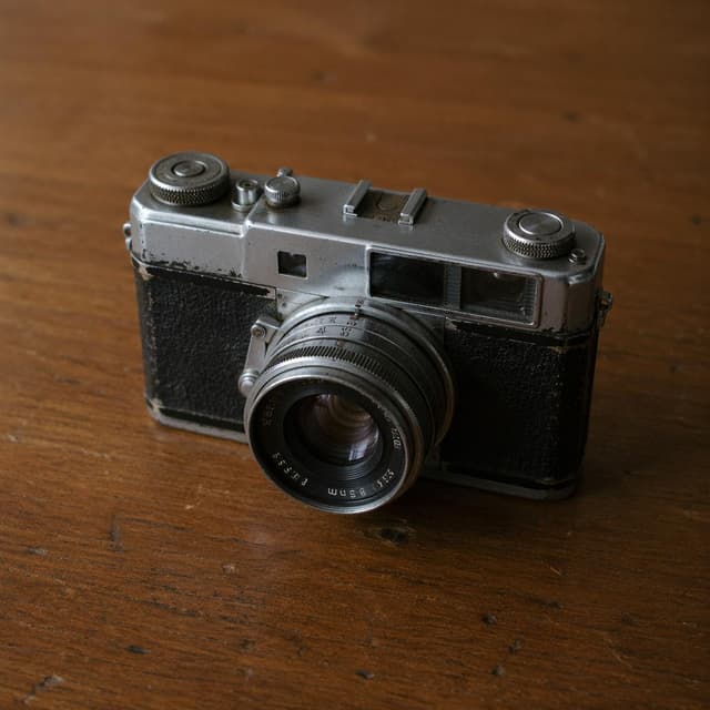 a small well-worn film camera resting on a plain wooden table
Chat attachment instruction: Generate exactly one in-world chat attachment, not a collage, split-screen, comic panel, flashback, or explanatory scene. If the prompt is a screenshot, phone screen, document, note, card, map, receipt, label, object photo, or photo someone took, frame that artifact directly. A name appearing in visible text or in 'photo taken by X' is not an instruction to draw that person. Do not show recurring story participants as visible people unless the prompt itself explicitly says they are visible. Keep unrequested people, faces, and bodies out of the image.