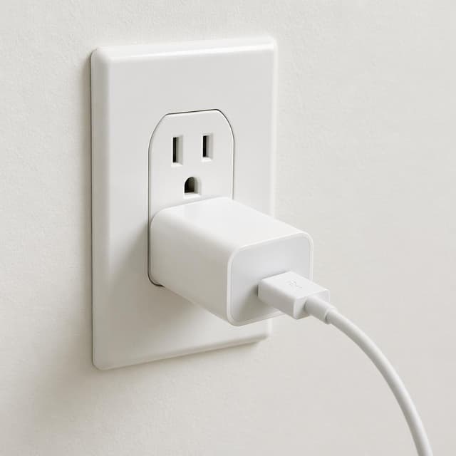 A white USB phone charger plugged into a wall socket, plain white wall background
Chat attachment instruction: Generate exactly one in-world chat attachment, not a collage, split-screen, comic panel, flashback, or explanatory scene. If the prompt is a screenshot, phone screen, document, note, card, map, receipt, label, object photo, or photo someone took, frame that artifact directly. A name appearing in visible text or in 'photo taken by X' is not an instruction to draw that person. Do not show recurring story participants as visible people unless the prompt itself explicitly says they are visible. Keep unrequested people, faces, and bodies out of the image.