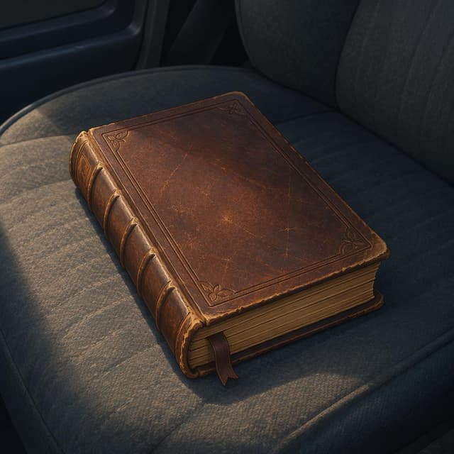 A worn leather-bound book on a car seat, clean and simple, storybook style
Chat attachment instruction: Generate exactly one in-world chat attachment, not a collage, split-screen, comic panel, flashback, or explanatory scene. If the prompt is a screenshot, phone screen, document, note, card, map, receipt, label, object photo, or photo someone took, frame that artifact directly. A name appearing in visible text or in 'photo taken by X' is not an instruction to draw that person. Do not show recurring story participants as visible people unless the prompt itself explicitly says they are visible. Keep unrequested people, faces, and bodies out of the image.