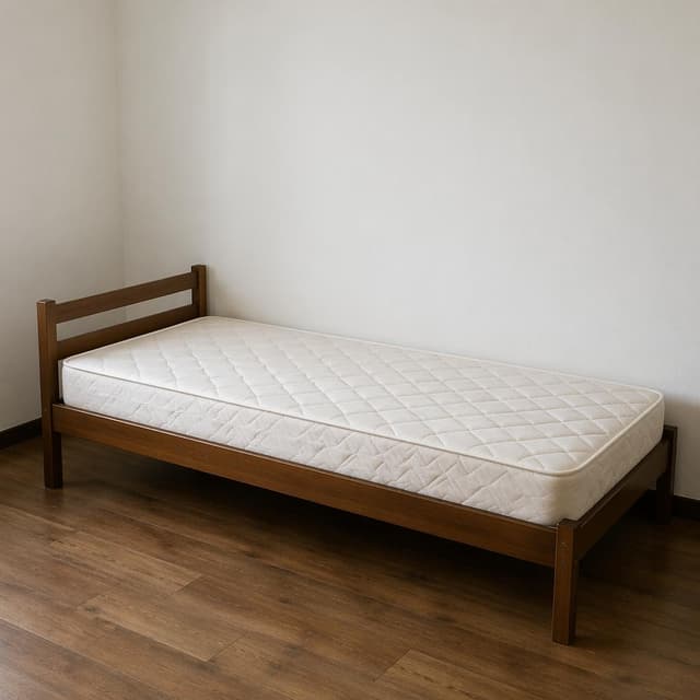 A single bed with a bare mattress on a plain white wall in an empty room
Chat attachment instruction: Generate exactly one in-world chat attachment, not a collage, split-screen, comic panel, flashback, or explanatory scene. If the prompt is a screenshot, phone screen, document, note, card, map, receipt, label, object photo, or photo someone took, frame that artifact directly. A name appearing in visible text or in 'photo taken by X' is not an instruction to draw that person. Do not show recurring story participants as visible people unless the prompt itself explicitly says they are visible. Keep unrequested people, faces, and bodies out of the image.