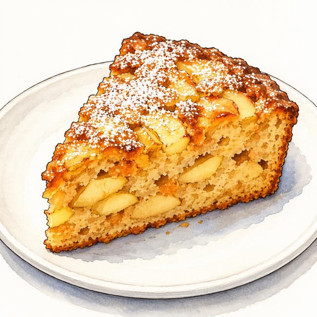 A thick golden-brown slice of apple cake dusted with sugar on a plain white ceramic plate. Charming ink and watercolor painting, clean lines, vibrant but soft color palette, storybook style
Chat attachment instruction: Generate exactly one in-world chat attachment, not a collage, split-screen, comic panel, flashback, or explanatory scene. If the prompt is a screenshot, phone screen, document, note, card, map, receipt, label, object photo, or photo someone took, frame that artifact directly. A name appearing in visible text or in 'photo taken by X' is not an instruction to draw that person. Do not show recurring story participants as visible people unless the prompt itself explicitly says they are visible. Keep unrequested people, faces, and bodies out of the image.