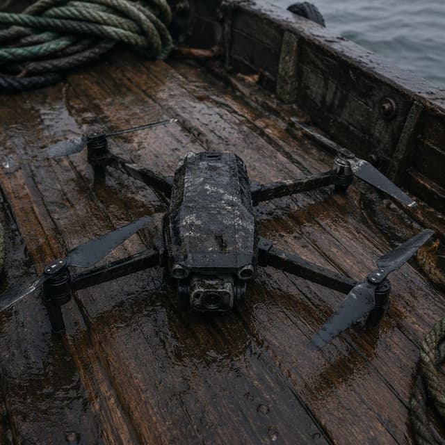 A dark, waterlogged military-style quadcopter drone with four intact rotor arms, resting on a rough wooden boat deck
Chat attachment instruction: Generate exactly one in-world chat attachment, not a collage, split-screen, comic panel, flashback, or explanatory scene. If the prompt is a screenshot, phone screen, document, note, card, map, receipt, label, object photo, or photo someone took, frame that artifact directly. A name appearing in visible text or in 'photo taken by X' is not an instruction to draw that person. Do not show recurring story participants as visible people unless the prompt itself explicitly says they are visible. Keep unrequested people, faces, and bodies out of the image.