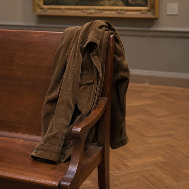 a worn brown corduroy jacket draped over a wooden museum bench
Chat attachment instruction: Generate exactly one in-world chat attachment, not a collage, split-screen, comic panel, flashback, or explanatory scene. If the prompt is a screenshot, phone screen, document, note, card, map, receipt, label, object photo, or photo someone took, frame that artifact directly. A name appearing in visible text or in 'photo taken by X' is not an instruction to draw that person. Do not show recurring story participants as visible people unless the prompt itself explicitly says they are visible. Keep unrequested people, faces, and bodies out of the image.