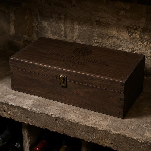 A single sealed dark-wood wine case on a stone cellar shelf
Chat attachment instruction: Generate exactly one in-world chat attachment, not a collage, split-screen, comic panel, flashback, or explanatory scene. If the prompt is a screenshot, phone screen, document, note, card, map, receipt, label, object photo, or photo someone took, frame that artifact directly. A name appearing in visible text or in 'photo taken by X' is not an instruction to draw that person. Do not show recurring story participants as visible people unless the prompt itself explicitly says they are visible. Keep unrequested people, faces, and bodies out of the image.