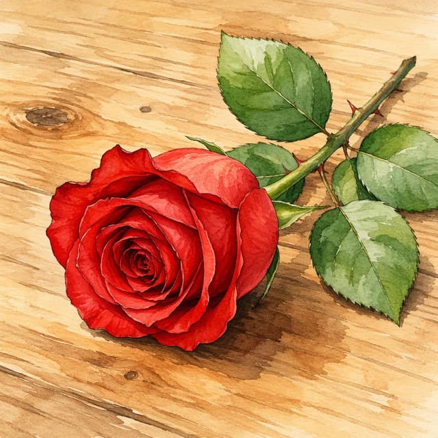 Charming ink and watercolor painting, clean lines, vibrant but soft color palette, storybook style. A single fresh red rose resting on a plain wooden table surface
Chat attachment instruction: Generate exactly one in-world chat attachment, not a collage, split-screen, comic panel, flashback, or explanatory scene. If the prompt is a screenshot, phone screen, document, note, card, map, receipt, label, object photo, or photo someone took, frame that artifact directly. A name appearing in visible text or in 'photo taken by X' is not an instruction to draw that person. Do not show recurring story participants as visible people unless the prompt itself explicitly says they are visible. Keep unrequested people, faces, and bodies out of the image.