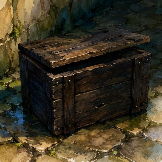 An old, dark wooden crate with its lid slightly ajar, resting on a damp stone floor. Charming ink and watercolor painting, clean lines, vibrant but soft color palette, storybook style
Chat attachment instruction: Generate exactly one in-world chat attachment, not a collage, split-screen, comic panel, flashback, or explanatory scene. If the prompt is a screenshot, phone screen, document, note, card, map, receipt, label, object photo, or photo someone took, frame that artifact directly. A name appearing in visible text or in 'photo taken by X' is not an instruction to draw that person. Do not show recurring story participants as visible people unless the prompt itself explicitly says they are visible. Keep unrequested people, faces, and bodies out of the image.