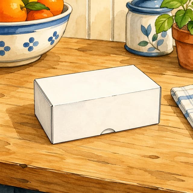 A small plain white cardboard medicine box resting on a wooden kitchen table. Charming ink and watercolor painting, clean lines, vibrant but soft color palette, storybook style
Chat attachment instruction: Generate exactly one in-world chat attachment, not a collage, split-screen, comic panel, flashback, or explanatory scene. If the prompt is a screenshot, phone screen, document, note, card, map, receipt, label, object photo, or photo someone took, frame that artifact directly. A name appearing in visible text or in 'photo taken by X' is not an instruction to draw that person. Do not show recurring story participants as visible people unless the prompt itself explicitly says they are visible. Keep unrequested people, faces, and bodies out of the image.