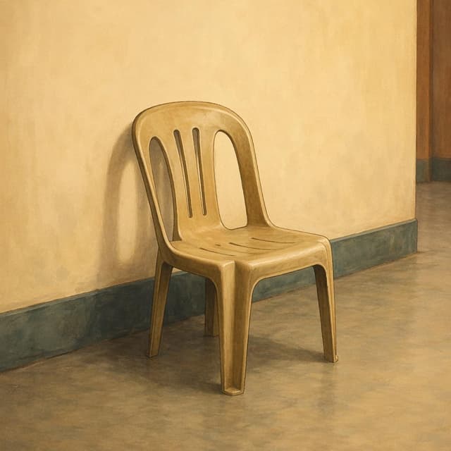 A single empty plastic chair against a plain bare corridor wall, storybook style
Chat attachment instruction: Generate exactly one in-world chat attachment, not a collage, split-screen, comic panel, flashback, or explanatory scene. If the prompt is a screenshot, phone screen, document, note, card, map, receipt, label, object photo, or photo someone took, frame that artifact directly. A name appearing in visible text or in 'photo taken by X' is not an instruction to draw that person. Do not show recurring story participants as visible people unless the prompt itself explicitly says they are visible. Keep unrequested people, faces, and bodies out of the image.
