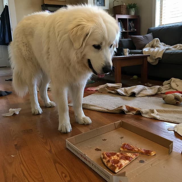 A large, friendly white sheepdog standing in a messy living room, looking at a pizza box on the floor
Chat attachment instruction: Generate exactly one in-world chat attachment, not a collage, split-screen, comic panel, flashback, or explanatory scene. If the prompt is a screenshot, phone screen, document, note, card, map, receipt, label, object photo, or photo someone took, frame that artifact directly. A name appearing in visible text or in 'photo taken by X' is not an instruction to draw that person. Do not show recurring story participants as visible people unless the prompt itself explicitly says they are visible. Keep unrequested people, faces, and bodies out of the image.