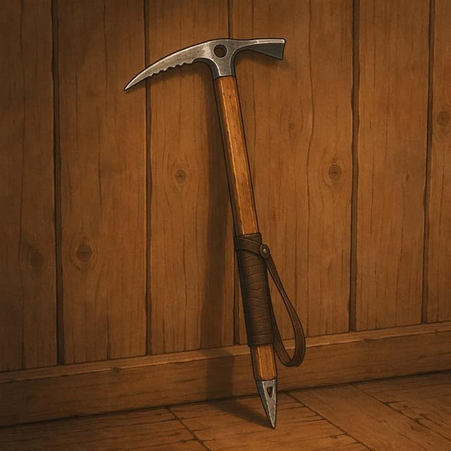 A single mountaineering ice axe leaning upright against a plain wooden wall, storybook style
Chat attachment instruction: Generate exactly one in-world chat attachment, not a collage, split-screen, comic panel, flashback, or explanatory scene. If the prompt is a screenshot, phone screen, document, note, card, map, receipt, label, object photo, or photo someone took, frame that artifact directly. A name appearing in visible text or in 'photo taken by X' is not an instruction to draw that person. Do not show recurring story participants as visible people unless the prompt itself explicitly says they are visible. Keep unrequested people, faces, and bodies out of the image.