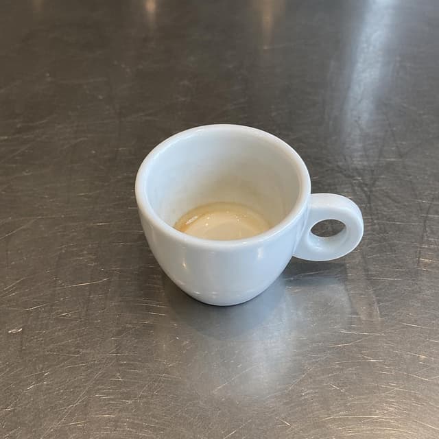A single empty espresso cup on a bare metal counter surface, clean and simple
Chat attachment instruction: Generate exactly one in-world chat attachment, not a collage, split-screen, comic panel, flashback, or explanatory scene. If the prompt is a screenshot, phone screen, document, note, card, map, receipt, label, object photo, or photo someone took, frame that artifact directly. A name appearing in visible text or in 'photo taken by X' is not an instruction to draw that person. Do not show recurring story participants as visible people unless the prompt itself explicitly says they are visible. Keep unrequested people, faces, and bodies out of the image.