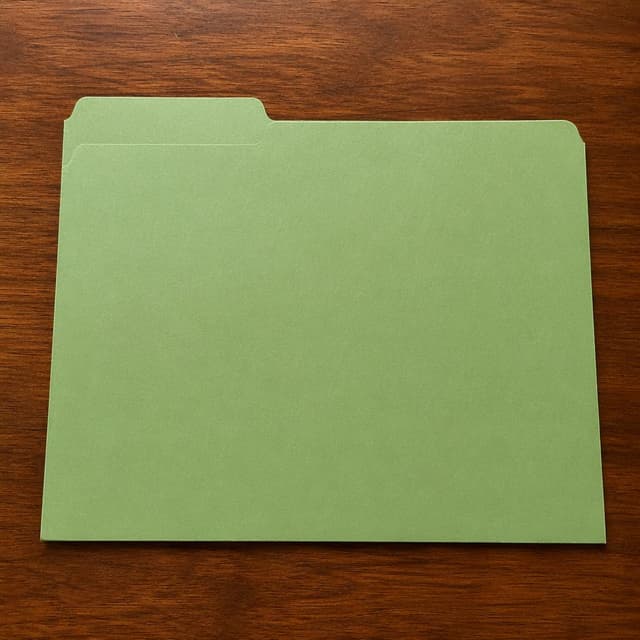 An empty green manila folder lying flat on a wooden desk
Chat attachment instruction: Generate exactly one in-world chat attachment, not a collage, split-screen, comic panel, flashback, or explanatory scene. If the prompt is a screenshot, phone screen, document, note, card, map, receipt, label, object photo, or photo someone took, frame that artifact directly. A name appearing in visible text or in 'photo taken by X' is not an instruction to draw that person. Do not show recurring story participants as visible people unless the prompt itself explicitly says they are visible. Keep unrequested people, faces, and bodies out of the image.