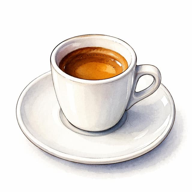 Charming ink and watercolor painting, clean lines, vibrant but soft color palette, storybook style. A small white espresso cup on a plain white saucer
Chat attachment instruction: Generate exactly one in-world chat attachment, not a collage, split-screen, comic panel, flashback, or explanatory scene. If the prompt is a screenshot, phone screen, document, note, card, map, receipt, label, object photo, or photo someone took, frame that artifact directly. A name appearing in visible text or in 'photo taken by X' is not an instruction to draw that person. Do not show recurring story participants as visible people unless the prompt itself explicitly says they are visible. Keep unrequested people, faces, and bodies out of the image.