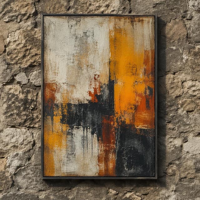 a single abstract painting on a rough stone wall
Chat attachment instruction: Generate exactly one in-world chat attachment, not a collage, split-screen, comic panel, flashback, or explanatory scene. If the prompt is a screenshot, phone screen, document, note, card, map, receipt, label, object photo, or photo someone took, frame that artifact directly. A name appearing in visible text or in 'photo taken by X' is not an instruction to draw that person. Do not show recurring story participants as visible people unless the prompt itself explicitly says they are visible. Keep unrequested people, faces, and bodies out of the image.