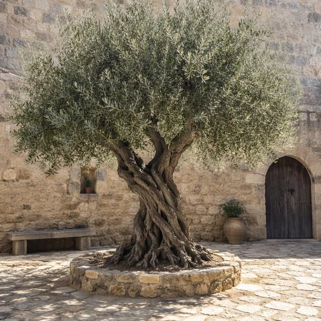 a single gnarled olive tree in a stone courtyard
Chat attachment instruction: Generate exactly one in-world chat attachment, not a collage, split-screen, comic panel, flashback, or explanatory scene. If the prompt is a screenshot, phone screen, document, note, card, map, receipt, label, object photo, or photo someone took, frame that artifact directly. A name appearing in visible text or in 'photo taken by X' is not an instruction to draw that person. Do not show recurring story participants as visible people unless the prompt itself explicitly says they are visible. Keep unrequested people, faces, and bodies out of the image.