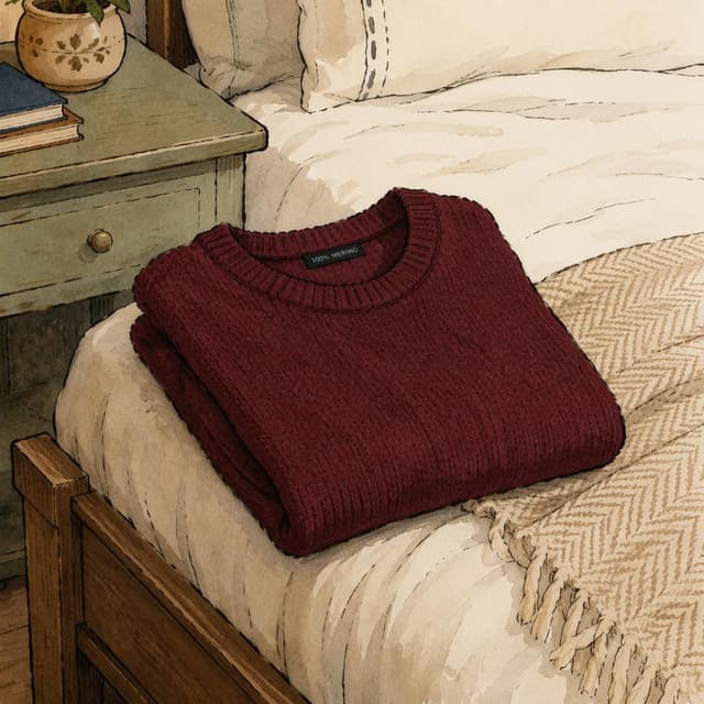 A neatly folded burgundy merino sweater resting on the edge of a bed, storybook style, ink and watercolor
Chat attachment instruction: Generate exactly one in-world chat attachment, not a collage, split-screen, comic panel, flashback, or explanatory scene. If the prompt is a screenshot, phone screen, document, note, card, map, receipt, label, object photo, or photo someone took, frame that artifact directly. A name appearing in visible text or in 'photo taken by X' is not an instruction to draw that person. Do not show recurring story participants as visible people unless the prompt itself explicitly says they are visible. Keep unrequested people, faces, and bodies out of the image.