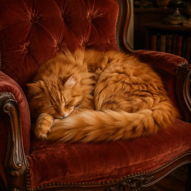 A large fluffy ginger cat curled up and sleeping peacefully on a vintage velvet armchair
Chat attachment instruction: Generate exactly one in-world chat attachment, not a collage, split-screen, comic panel, flashback, or explanatory scene. If the prompt is a screenshot, phone screen, document, note, card, map, receipt, label, object photo, or photo someone took, frame that artifact directly. A name appearing in visible text or in 'photo taken by X' is not an instruction to draw that person. Do not show recurring story participants as visible people unless the prompt itself explicitly says they are visible. Keep unrequested people, faces, and bodies out of the image.