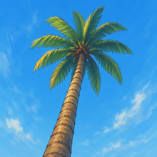 A single tall palm tree against a clear blue sky, low angle, storybook style
Chat attachment instruction: Generate exactly one in-world chat attachment, not a collage, split-screen, comic panel, flashback, or explanatory scene. If the prompt is a screenshot, phone screen, document, note, card, map, receipt, label, object photo, or photo someone took, frame that artifact directly. A name appearing in visible text or in 'photo taken by X' is not an instruction to draw that person. Do not show recurring story participants as visible people unless the prompt itself explicitly says they are visible. Keep unrequested people, faces, and bodies out of the image.