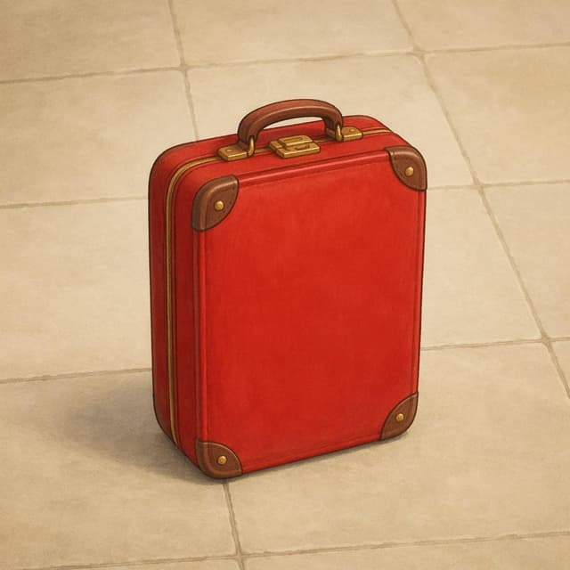 A small closed red suitcase standing upright on a plain tiled floor, storybook style
Chat attachment instruction: Generate exactly one in-world chat attachment, not a collage, split-screen, comic panel, flashback, or explanatory scene. If the prompt is a screenshot, phone screen, document, note, card, map, receipt, label, object photo, or photo someone took, frame that artifact directly. A name appearing in visible text or in 'photo taken by X' is not an instruction to draw that person. Do not show recurring story participants as visible people unless the prompt itself explicitly says they are visible. Keep unrequested people, faces, and bodies out of the image.