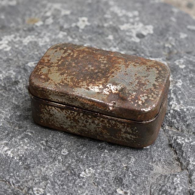 a small dented rusty tin box, closed, resting on a grey stone
Chat attachment instruction: Generate exactly one in-world chat attachment, not a collage, split-screen, comic panel, flashback, or explanatory scene. If the prompt is a screenshot, phone screen, document, note, card, map, receipt, label, object photo, or photo someone took, frame that artifact directly. A name appearing in visible text or in 'photo taken by X' is not an instruction to draw that person. Do not show recurring story participants as visible people unless the prompt itself explicitly says they are visible. Keep unrequested people, faces, and bodies out of the image.