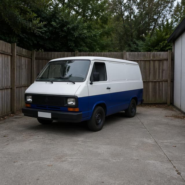 a white and cobalt-blue van parked alone in a small fenced concrete yard
Chat attachment instruction: Generate exactly one in-world chat attachment, not a collage, split-screen, comic panel, flashback, or explanatory scene. If the prompt is a screenshot, phone screen, document, note, card, map, receipt, label, object photo, or photo someone took, frame that artifact directly. A name appearing in visible text or in 'photo taken by X' is not an instruction to draw that person. Do not show recurring story participants as visible people unless the prompt itself explicitly says they are visible. Keep unrequested people, faces, and bodies out of the image.