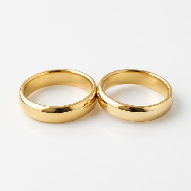 Two plain gold wedding bands resting side by side on a clean white surface
Chat attachment instruction: Generate exactly one in-world chat attachment, not a collage, split-screen, comic panel, flashback, or explanatory scene. If the prompt is a screenshot, phone screen, document, note, card, map, receipt, label, object photo, or photo someone took, frame that artifact directly. A name appearing in visible text or in 'photo taken by X' is not an instruction to draw that person. Do not show recurring story participants as visible people unless the prompt itself explicitly says they are visible. Keep unrequested people, faces, and bodies out of the image.