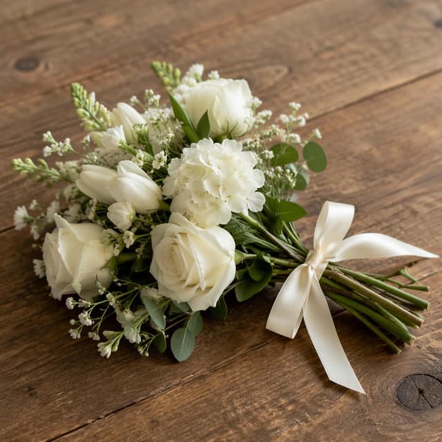 A small bouquet of white flowers tied with a simple cream ribbon, resting on a wooden table
Chat attachment instruction: Generate exactly one in-world chat attachment, not a collage, split-screen, comic panel, flashback, or explanatory scene. If the prompt is a screenshot, phone screen, document, note, card, map, receipt, label, object photo, or photo someone took, frame that artifact directly. A name appearing in visible text or in 'photo taken by X' is not an instruction to draw that person. Do not show recurring story participants as visible people unless the prompt itself explicitly says they are visible. Keep unrequested people, faces, and bodies out of the image.