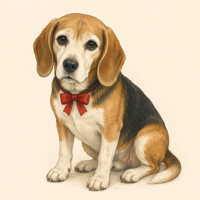 An elderly beagle dog wearing a small red bow on its collar, plain background, storybook style
Chat attachment instruction: Generate exactly one in-world chat attachment, not a collage, split-screen, comic panel, flashback, or explanatory scene. If the prompt is a screenshot, phone screen, document, note, card, map, receipt, label, object photo, or photo someone took, frame that artifact directly. A name appearing in visible text or in 'photo taken by X' is not an instruction to draw that person. Do not show recurring story participants as visible people unless the prompt itself explicitly says they are visible. Keep unrequested people, faces, and bodies out of the image.