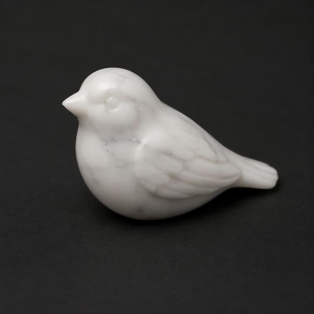 A small white marble bird sculpture on a plain dark surface
Chat attachment instruction: Generate exactly one in-world chat attachment, not a collage, split-screen, comic panel, flashback, or explanatory scene. If the prompt is a screenshot, phone screen, document, note, card, map, receipt, label, object photo, or photo someone took, frame that artifact directly. A name appearing in visible text or in 'photo taken by X' is not an instruction to draw that person. Do not show recurring story participants as visible people unless the prompt itself explicitly says they are visible. Keep unrequested people, faces, and bodies out of the image.