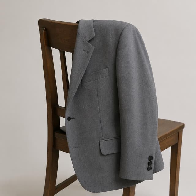 A grey blazer draped neatly over the back of a wooden chair on a plain background
Chat attachment instruction: Generate exactly one in-world chat attachment, not a collage, split-screen, comic panel, flashback, or explanatory scene. If the prompt is a screenshot, phone screen, document, note, card, map, receipt, label, object photo, or photo someone took, frame that artifact directly. A name appearing in visible text or in 'photo taken by X' is not an instruction to draw that person. Do not show recurring story participants as visible people unless the prompt itself explicitly says they are visible. Keep unrequested people, faces, and bodies out of the image.