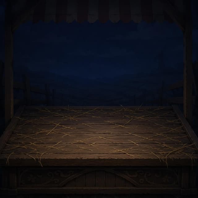 A bare wooden display platform with loose straw scattered across it, in dim pre-dawn darkness, storybook style
Chat attachment instruction: Generate exactly one in-world chat attachment, not a collage, split-screen, comic panel, flashback, or explanatory scene. If the prompt is a screenshot, phone screen, document, note, card, map, receipt, label, object photo, or photo someone took, frame that artifact directly. A name appearing in visible text or in 'photo taken by X' is not an instruction to draw that person. Do not show recurring story participants as visible people unless the prompt itself explicitly says they are visible. Keep unrequested people, faces, and bodies out of the image.