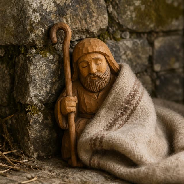 A single hand-carved wooden shepherd figure with a staff, leaning against a stone wall, half wrapped in a folded wool blanket, storybook style
Chat attachment instruction: Generate exactly one in-world chat attachment, not a collage, split-screen, comic panel, flashback, or explanatory scene. If the prompt is a screenshot, phone screen, document, note, card, map, receipt, label, object photo, or photo someone took, frame that artifact directly. A name appearing in visible text or in 'photo taken by X' is not an instruction to draw that person. Do not show recurring story participants as visible people unless the prompt itself explicitly says they are visible. Keep unrequested people, faces, and bodies out of the image.