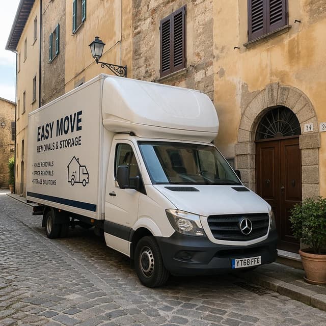 A large white removal van parked on a narrow cobblestone street in front of an old Italian house
Chat attachment instruction: Generate exactly one in-world chat attachment, not a collage, split-screen, comic panel, flashback, or explanatory scene. If the prompt is a screenshot, phone screen, document, note, card, map, receipt, label, object photo, or photo someone took, frame that artifact directly. A name appearing in visible text or in 'photo taken by X' is not an instruction to draw that person. Do not show recurring story participants as visible people unless the prompt itself explicitly says they are visible. Keep unrequested people, faces, and bodies out of the image.