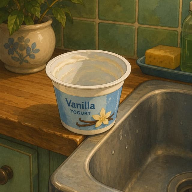 An empty yogurt container resting on the edge of a kitchen sink, storybook style
Chat attachment instruction: Generate exactly one in-world chat attachment, not a collage, split-screen, comic panel, flashback, or explanatory scene. If the prompt is a screenshot, phone screen, document, note, card, map, receipt, label, object photo, or photo someone took, frame that artifact directly. A name appearing in visible text or in 'photo taken by X' is not an instruction to draw that person. Do not show recurring story participants as visible people unless the prompt itself explicitly says they are visible. Keep unrequested people, faces, and bodies out of the image.