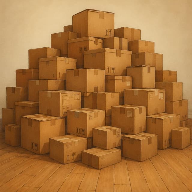 A large pile of brown cardboard boxes stacked on a plain wooden floor, storybook style
Chat attachment instruction: Generate exactly one in-world chat attachment, not a collage, split-screen, comic panel, flashback, or explanatory scene. If the prompt is a screenshot, phone screen, document, note, card, map, receipt, label, object photo, or photo someone took, frame that artifact directly. A name appearing in visible text or in 'photo taken by X' is not an instruction to draw that person. Do not show recurring story participants as visible people unless the prompt itself explicitly says they are visible. Keep unrequested people, faces, and bodies out of the image.