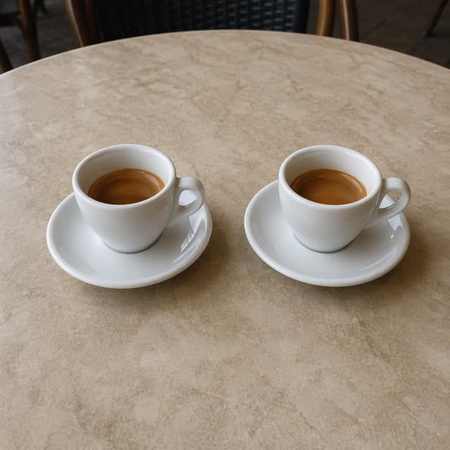 two untouched espresso cups on a plain café table
Chat attachment instruction: Generate exactly one in-world chat attachment, not a collage, split-screen, comic panel, flashback, or explanatory scene. If the prompt is a screenshot, phone screen, document, note, card, map, receipt, label, object photo, or photo someone took, frame that artifact directly. A name appearing in visible text or in 'photo taken by X' is not an instruction to draw that person. Do not show recurring story participants as visible people unless the prompt itself explicitly says they are visible. Keep unrequested people, faces, and bodies out of the image.