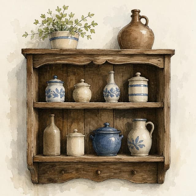 An old wooden kitchen shelf with small ceramic jars and bottles, clean lines, ink and watercolor style
Chat attachment instruction: Generate exactly one in-world chat attachment, not a collage, split-screen, comic panel, flashback, or explanatory scene. If the prompt is a screenshot, phone screen, document, note, card, map, receipt, label, object photo, or photo someone took, frame that artifact directly. A name appearing in visible text or in 'photo taken by X' is not an instruction to draw that person. Do not show recurring story participants as visible people unless the prompt itself explicitly says they are visible. Keep unrequested people, faces, and bodies out of the image. Do not add readable text unless the prompt explicitly asks for visible text.