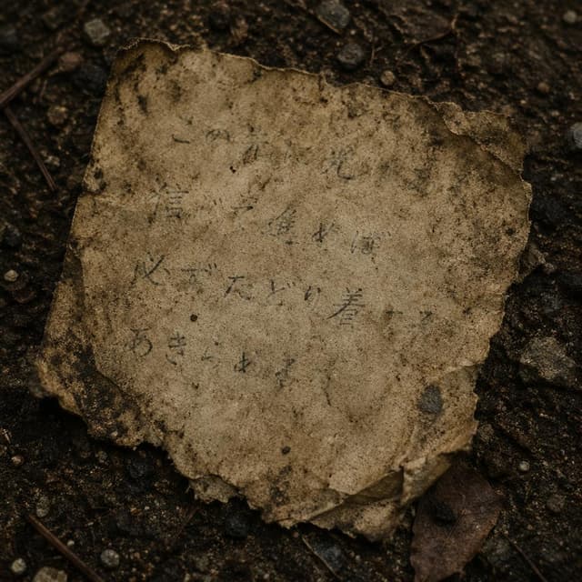 A close-up of a tattered, yellowed piece of paper lying on the dirt, with faint, handwritten Japanese text visible.