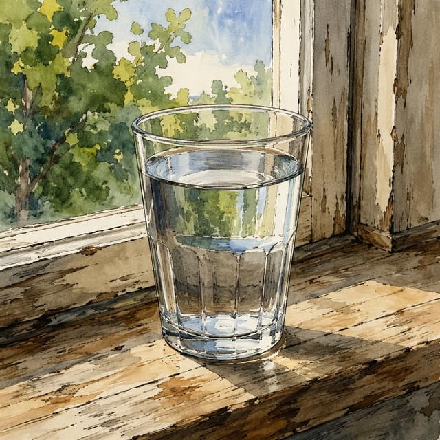 A single clear drinking glass filled with water, resting on an old wooden windowsill, storybook style, ink and watercolor
Chat attachment instruction: Generate exactly one in-world chat attachment, not a collage, split-screen, comic panel, flashback, or explanatory scene. If the prompt is a screenshot, phone screen, document, note, card, map, receipt, label, object photo, or photo someone took, frame that artifact directly. A name appearing in visible text or in 'photo taken by X' is not an instruction to draw that person. Do not show recurring story participants as visible people unless the prompt itself explicitly says they are visible. Keep unrequested people, faces, and bodies out of the image. Do not add readable text unless the prompt explicitly asks for visible text.