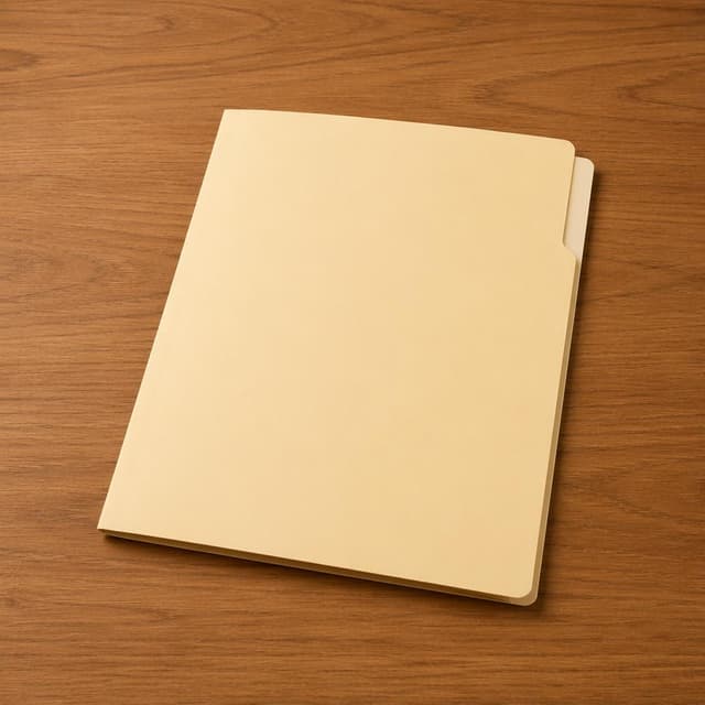 a single closed folder on a plain wooden desk surface