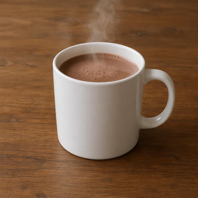 a plain white ceramic mug filled with steaming hot cocoa, placed on a bare wooden tabletop