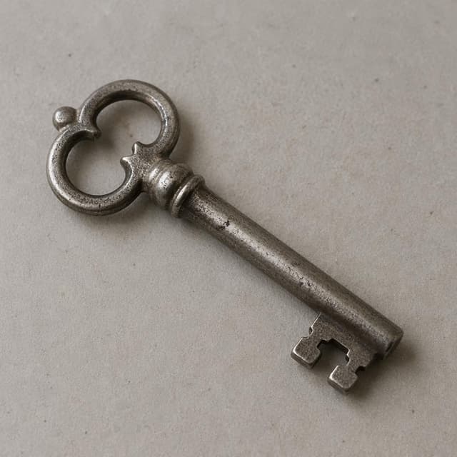 an old silver key on a plain surface
Chat attachment instruction: Generate exactly one in-world chat attachment, not a collage, split-screen, comic panel, flashback, or explanatory scene. If the prompt is a screenshot, phone screen, document, note, card, map, receipt, label, object photo, or photo someone took, frame that artifact directly. A name appearing in visible text or in 'photo taken by X' is not an instruction to draw that person. Do not show recurring story participants as visible people unless the prompt itself explicitly says they are visible. Keep unrequested people, faces, and bodies out of the image. Do not add readable text unless the prompt explicitly asks for visible text.