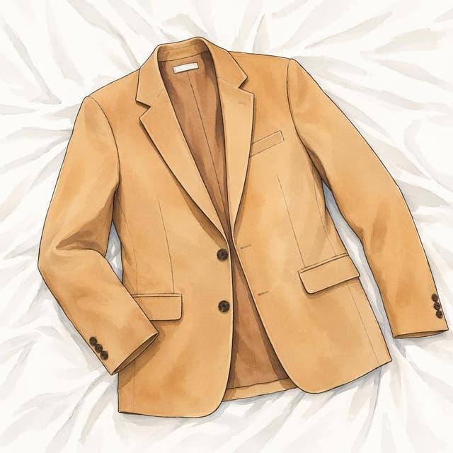 Charming ink and watercolor painting, clean lines, vibrant but soft color palette, storybook style. A single camel-coloured blazer laid flat on a plain white bedsheet.